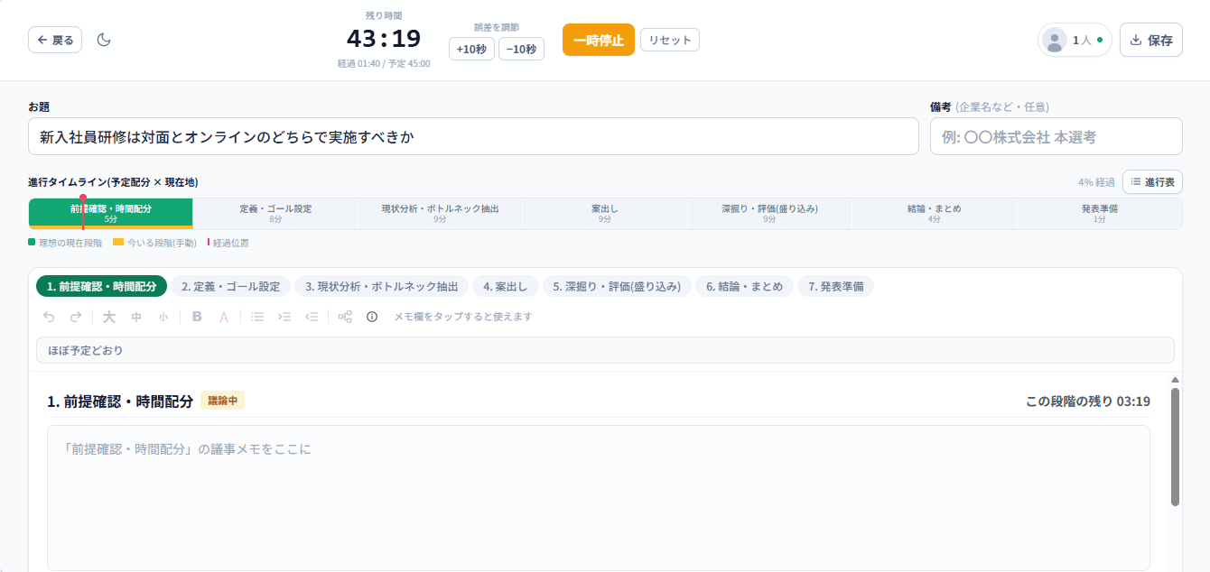 書記ボードの画面例。上部に残り時間と進行タイムライン、下部に議事メモが並んでいる